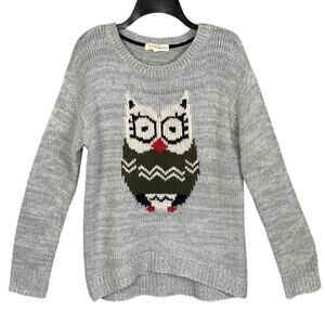 Rewind Women's Gray Owl Sweater Relaxed Fit Soft Cozy  Size M Fun Fall Sweaters